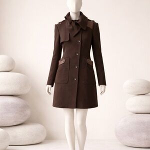 Vintage Mackage Wool Leather Trim Heavy Duty Long Coat Dark Brown Womens Size M